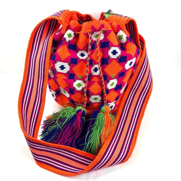 Wayuu Mochila Colombian Handbag Bucket Style Gaza Palete Bright Orange Brand New - Picture 1 of 16